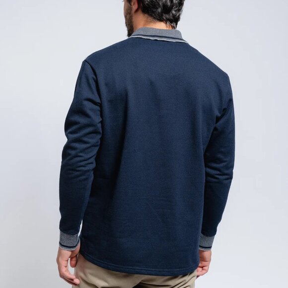 SMF Navy Knit Long Sleeve Button Up Polo With Contrast Collar And Cuff Detail - Picture 2 of 2